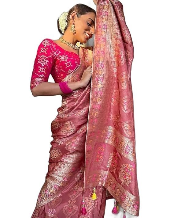 61BSQdXcupL._SX569_ Pure Kanjivaram Soft Banarasi Silk Saree For Women & Girls With Unstitched Heavy Blouse Piece - Image 1