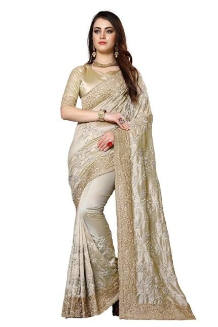 Beige Mayo Silk Zari Resham Stone Embroidery Work Saree with Blouse Piece