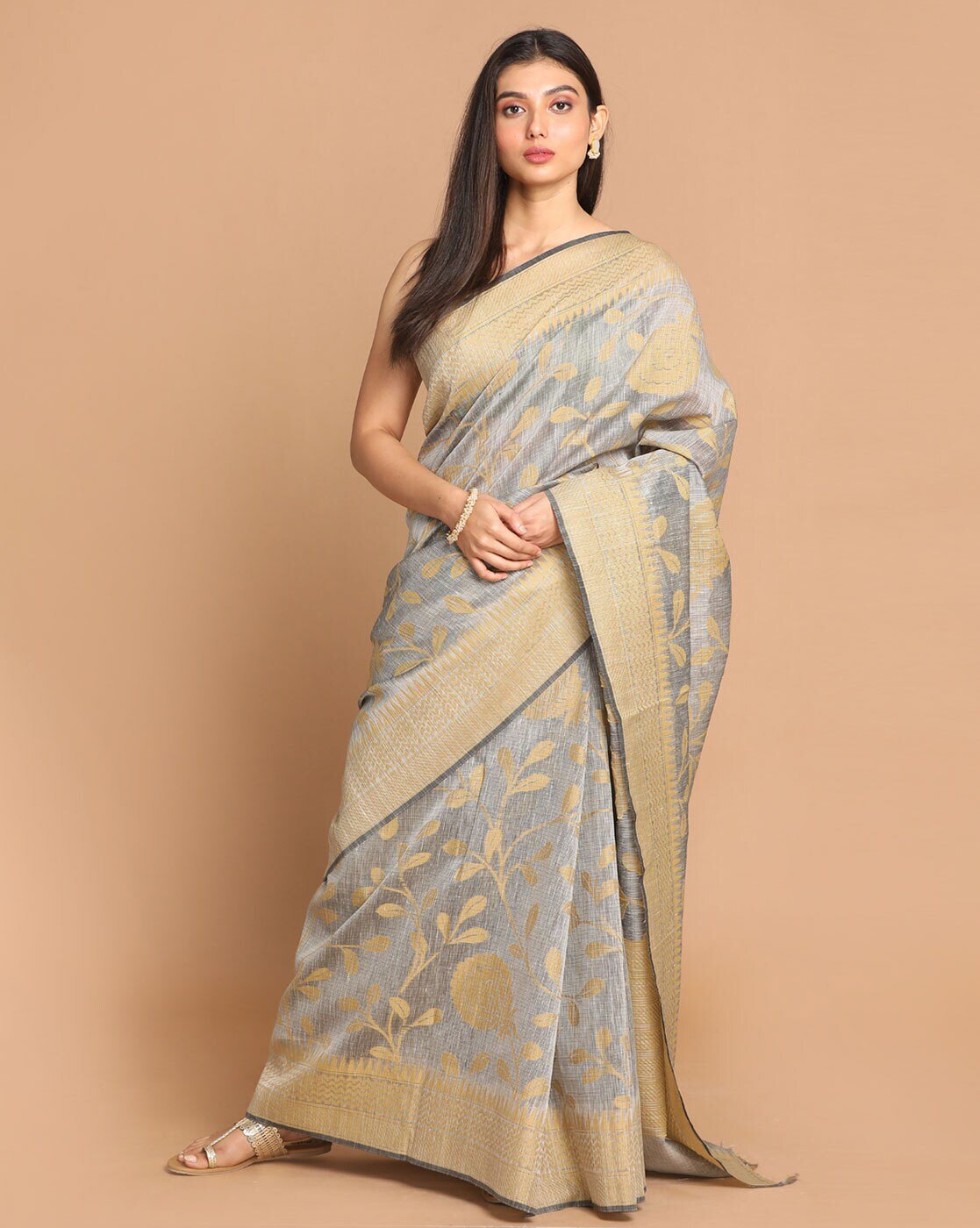 -1117Wx1400H-464318467-grey-MODEL Woven Banarasi Saree - Image 1